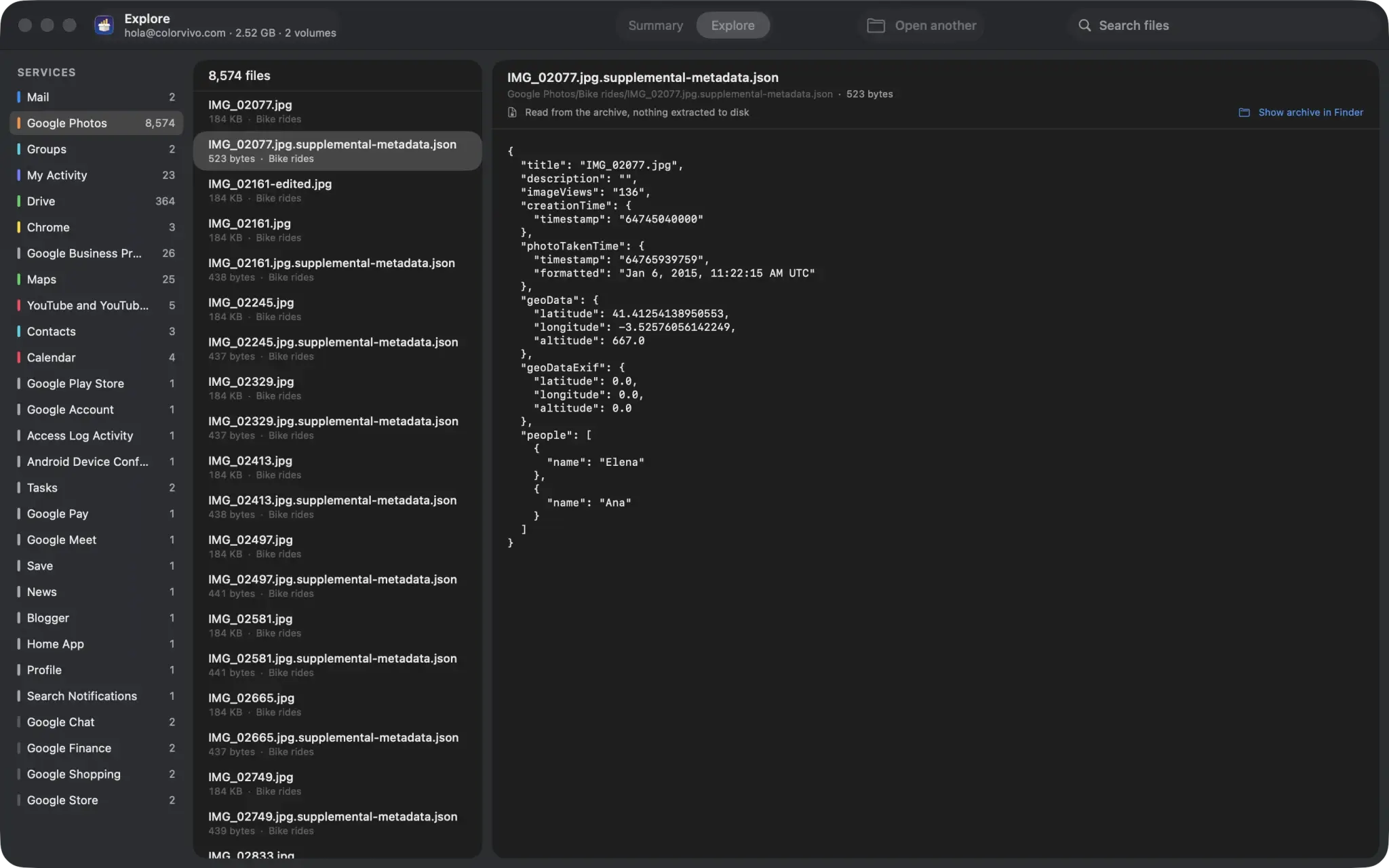 The Takeout Reports explorer: the list of files of a service and, on the right, the contents of a photo's metadata JSON read straight from the archive.