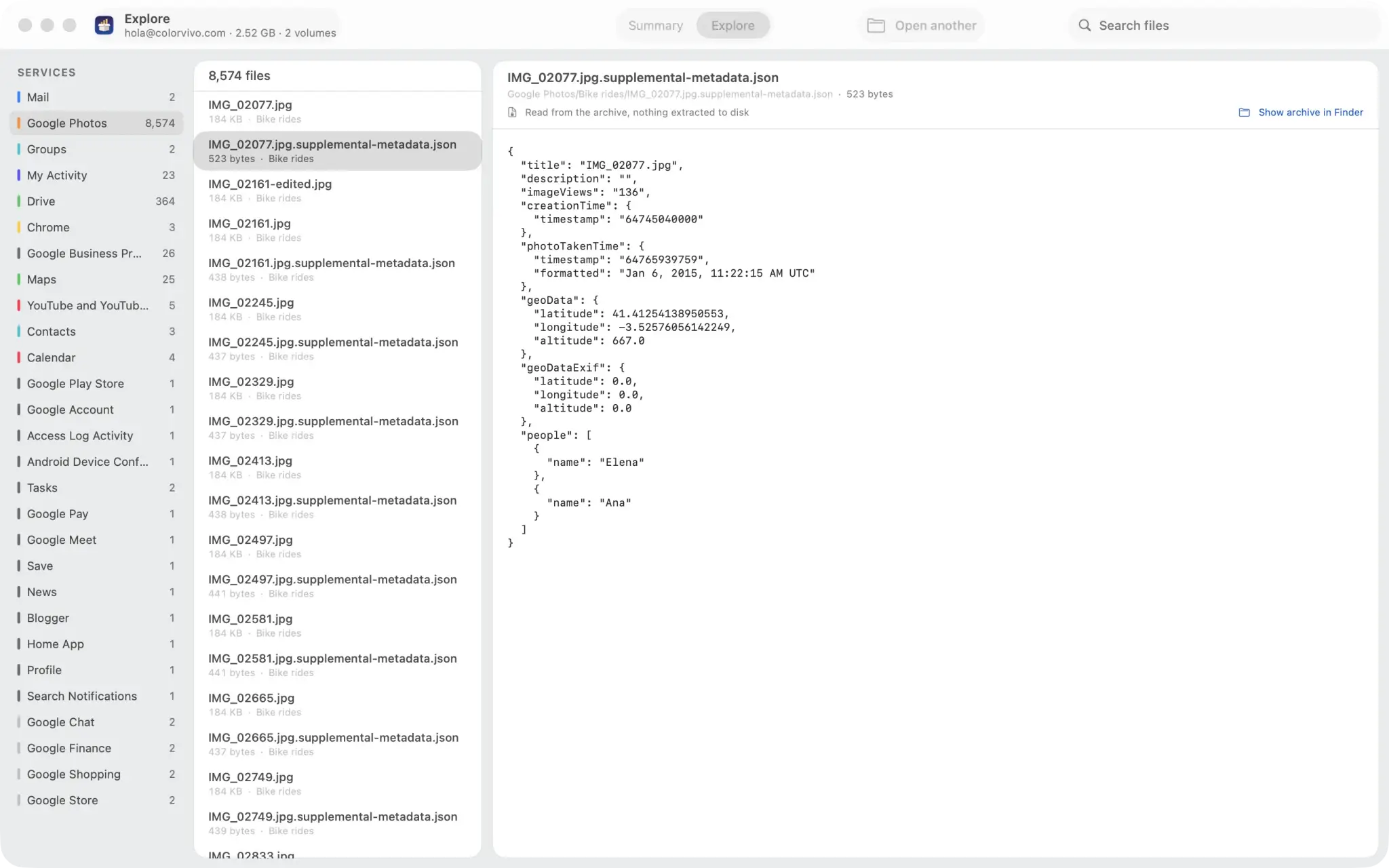 The Takeout Reports explorer: the list of files of a service and, on the right, the contents of a photo's metadata JSON read straight from the archive.