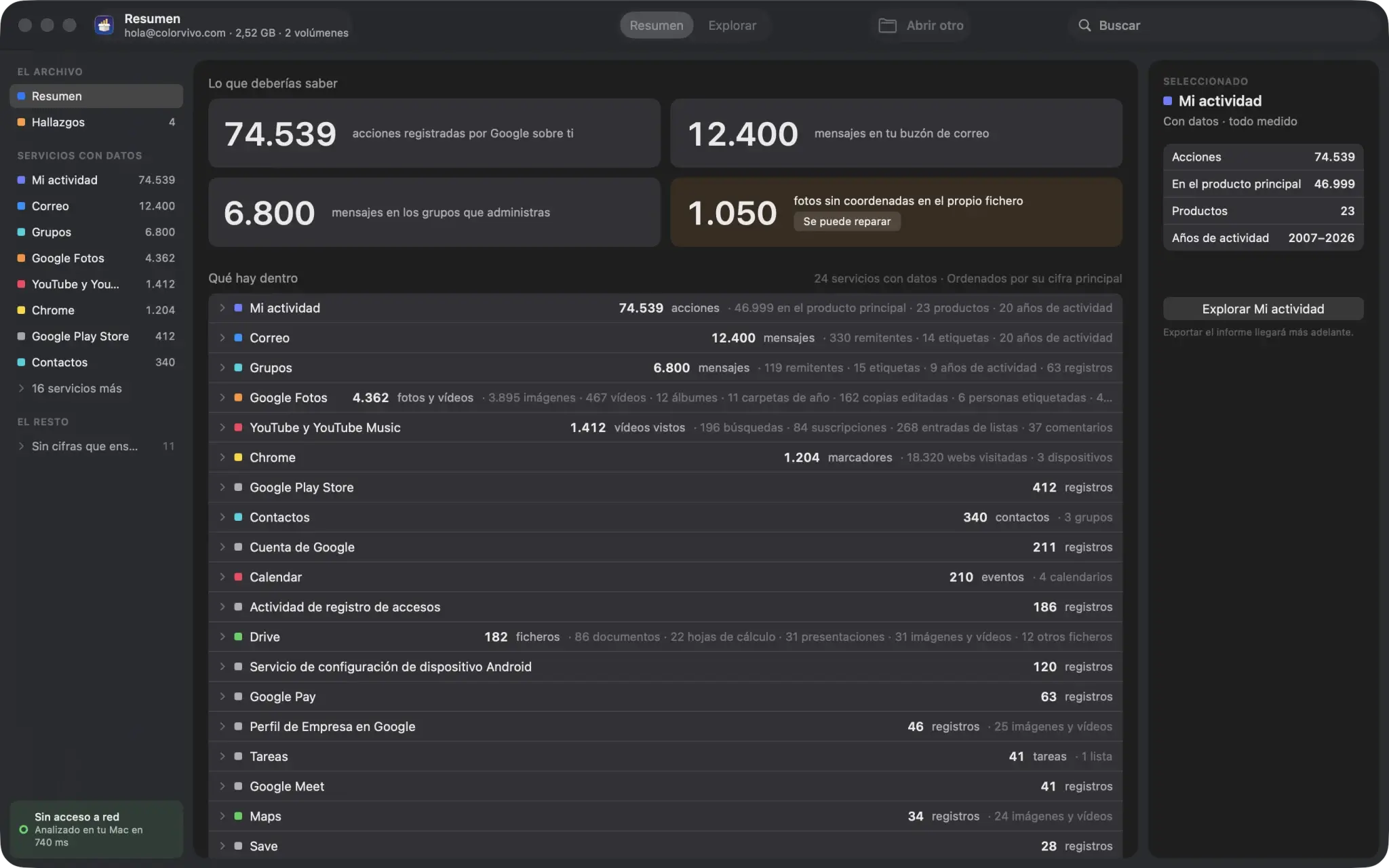 Takeout Reports en macOS: el resumen de un archivo, con las cifras principales arriba y debajo cada servicio con datos y cuántos registros tiene.