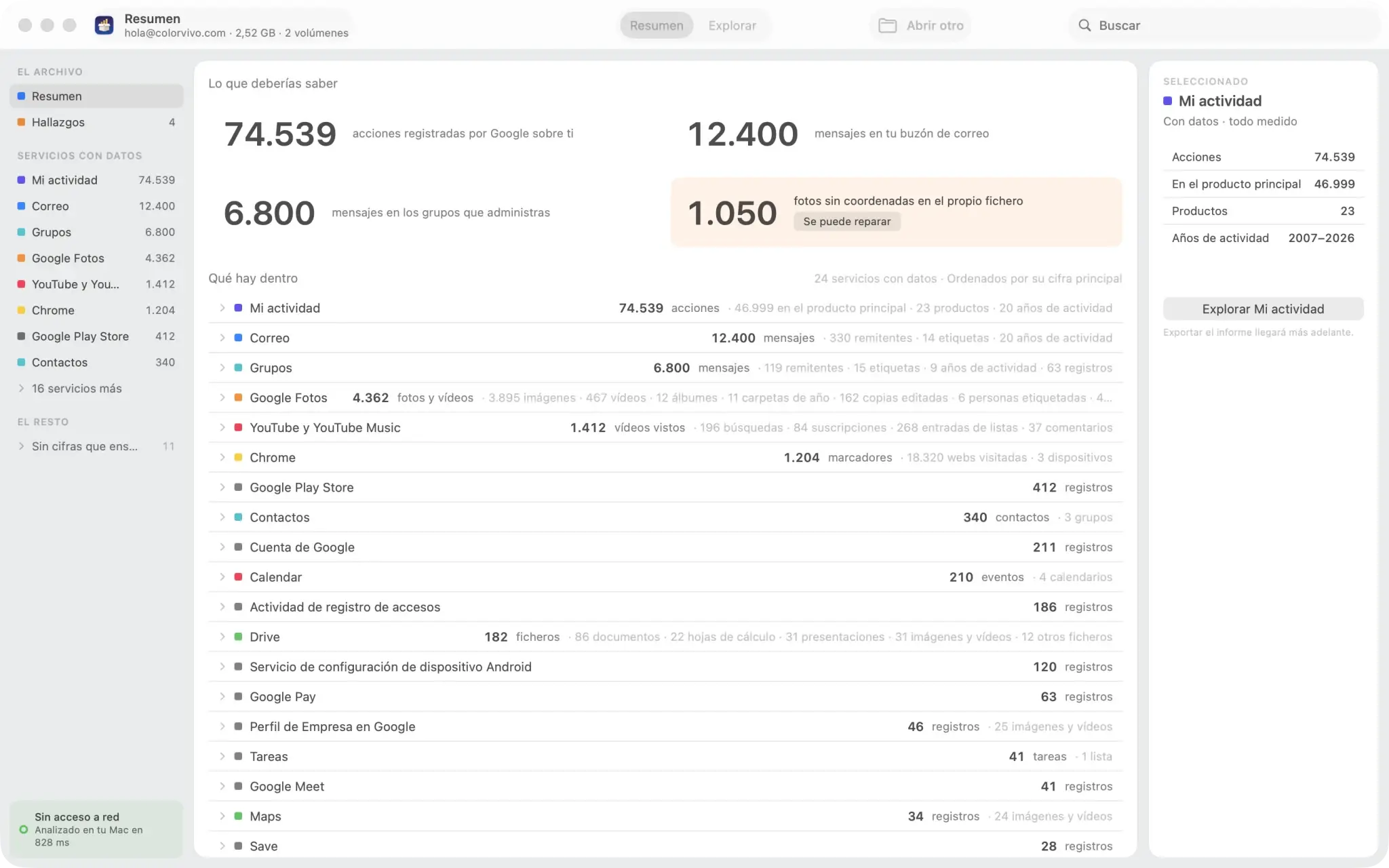 Takeout Reports en macOS: el resumen de un archivo, con las cifras principales arriba y debajo cada servicio con datos y cuántos registros tiene.