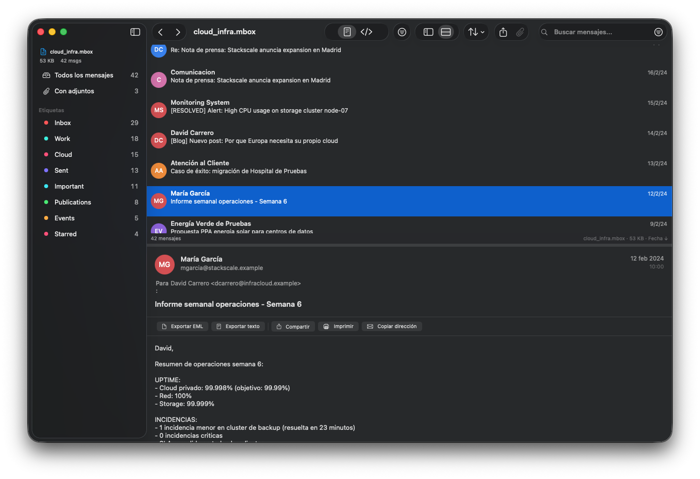 Mbox Viewer — three-column layout with message list, Gmail labels, and text view.